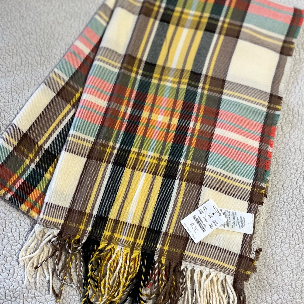 NWT J. Crew Multicolor Plaid Fringe Scarf — Brown, Cream, Mint & Coral 78 x 24